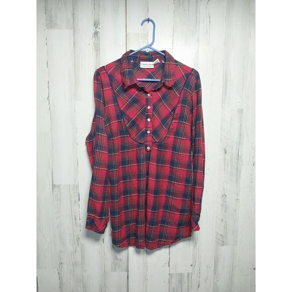 Country Store Women Large Red Plaid Flannel Collared Shirt - Picture 1 of 6